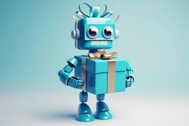 Robô sorridente com caixa de presente em fundo azul generative ai