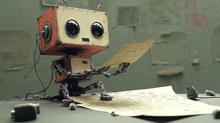 Foto robô steampunk em ambiente urbano desenhando planos com elementos de sci-fi