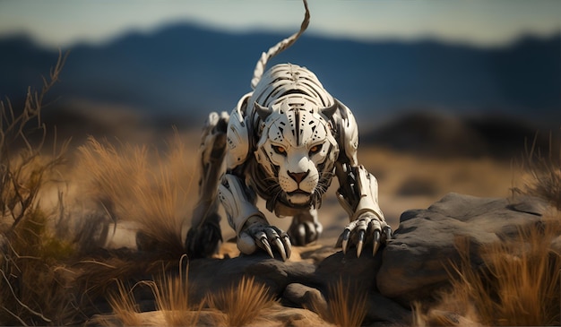 Robô tigre branco na natureza