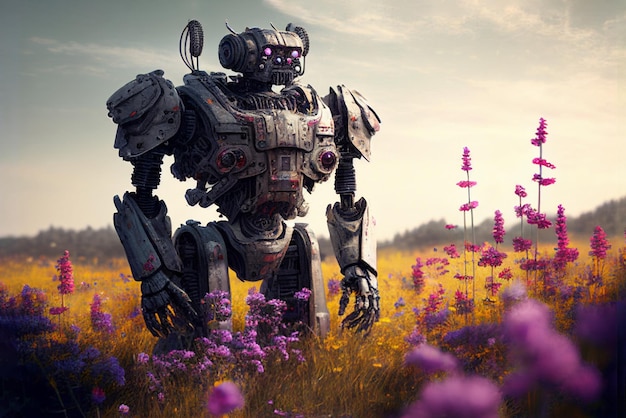 Robô transformador andando no campo de flores Ilustração de IA generativa