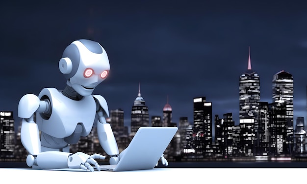 Robô usando laptop com fundo de IA de cidade noturna gerada