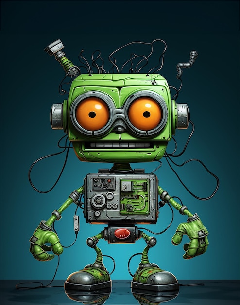 Robô verde com rádio em fundo escuro