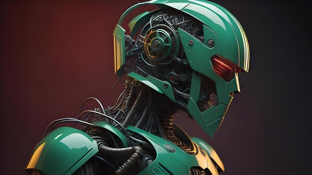 Robô verde ou cyborg isolado em fundo escuro generativo ai