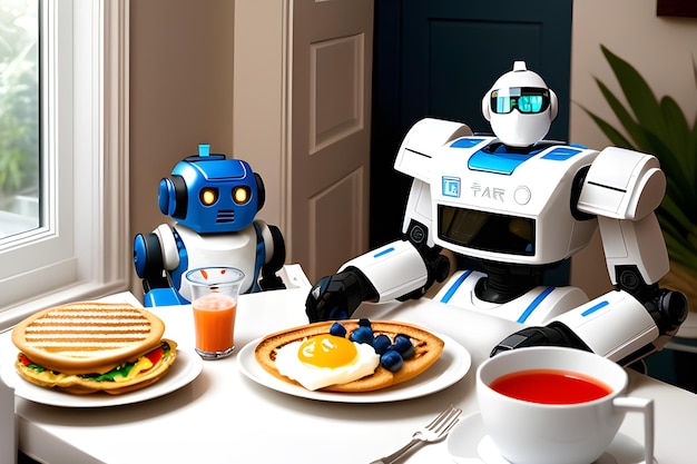 Robôs 3D realistas comem na cozinha Visualização de um robô assistente na vida cotidiana