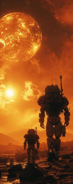 Robôs armadura futurista trabalhadores robóticos reparando uma Terra queimada de escudo solar falhado 3D render silhueta iluminação vinheta