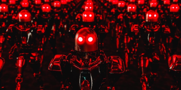 Robôs assustadores com olhos de néon vermelhos brilhantes, robôs se voltaram contra humanos d render