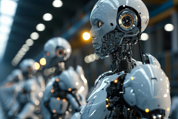 Robôs avançados de IA trabalhando em uma fábrica gerada por IA