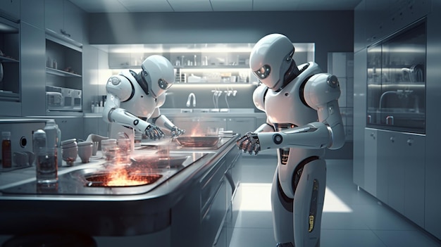 Robôs cozinhando em uma cozinha com um homem de terno