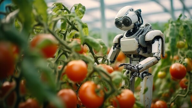 Robôs digitais cuidando de tomates em estufas