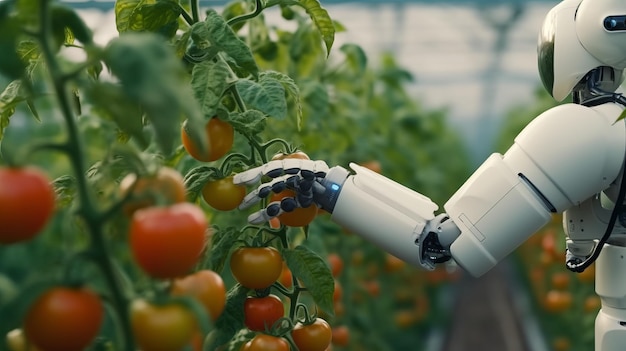 Robôs digitais cuidando de tomates em estufas