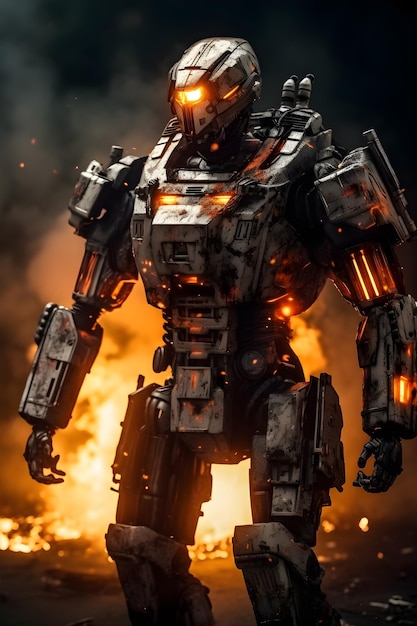Robôs do exército guerreiro de aço no fundo de explosões de fogo generativa ai