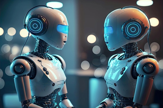Robôs e gadgets em conferências futuras com robô humanoide inteligente de chatbot automático
