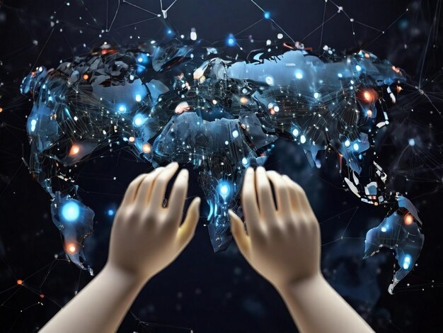 Robôs e mãos humanas tocando a rede global, grandes dados, internet e tecnologia digital.