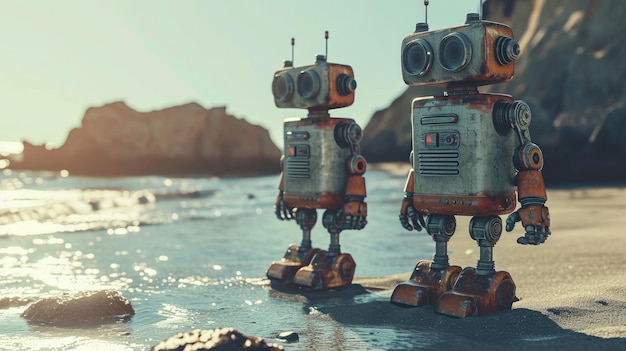 Robôs em pé na praia de Sandy