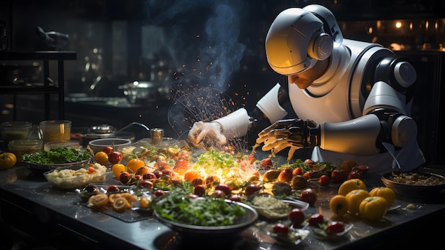 Foto robôs estão preparando comida em uma mesa com muita comida ia generativa