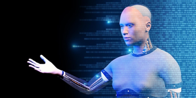 Foto robôs humanóides e código binário ai análise de big data e conceitos de inteligência artificial 3d