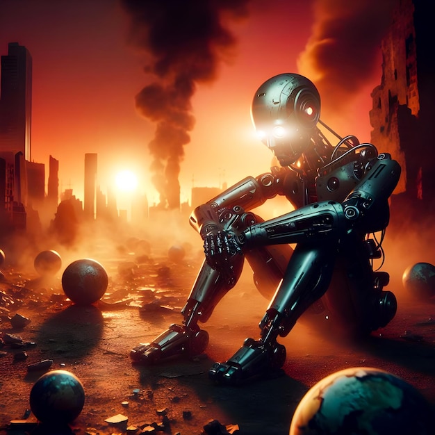 Foto robôs humanóides modernos desanimados em uma atmosfera distópica