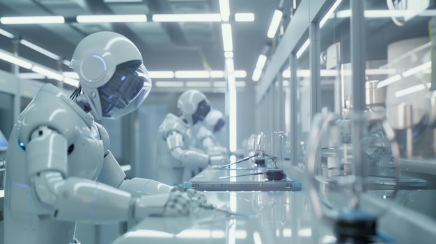 Robôs humanoides trabalhando em um ambiente de laboratório de alta tecnologia futurista