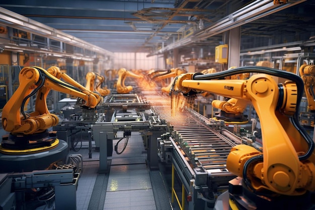 Robôs numa fábrica feita por robôs.