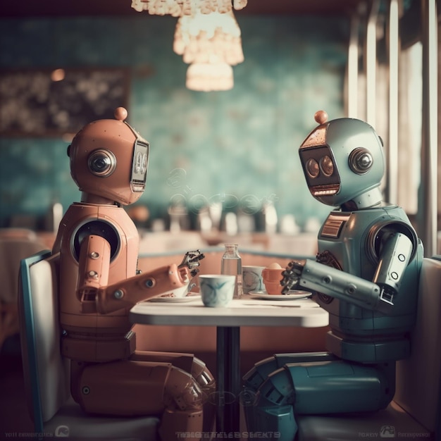 Robôs sentados em uma mesa em um restaurante com uma xícara de café generativa ai