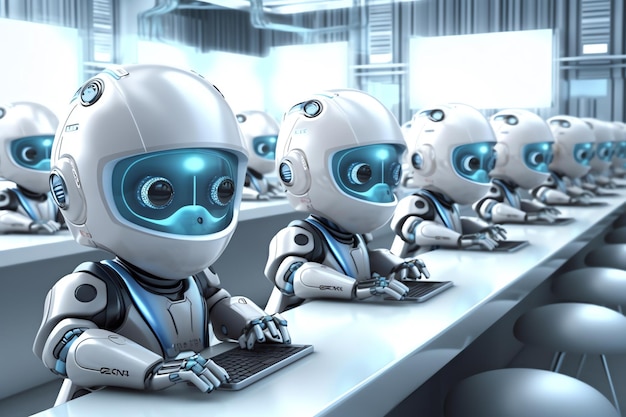 Robôs sentados em uma sala de aula com a palavra robô na frente