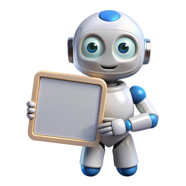 Foto robot 3d que sostiene un letrero en blanco para la publicidad de personajes tecnológicos interactivos amigables con los niños