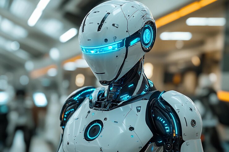 Robot con acentos azules brillantes en un entorno industrial futurista IA generativa