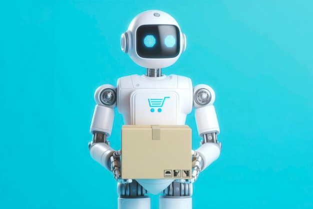 robot de AI de entrega blanco con una caja de almacenamiento de paquetes aislada en fondo de color