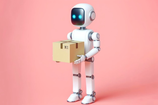 robot de AI de entrega blanco con una caja de almacenamiento de paquetes aislada en fondo de color