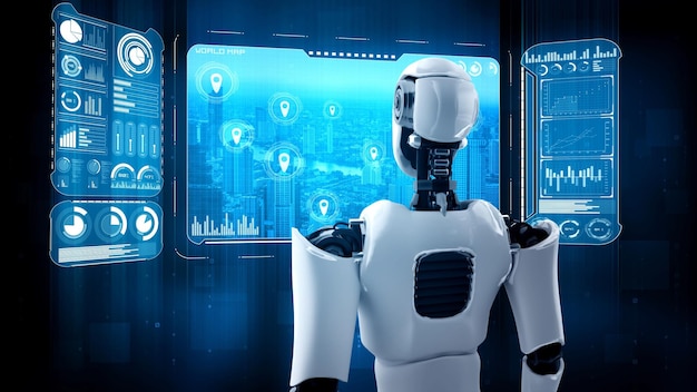 Robot AI hominoide que mira la pantalla del holograma que muestra el concepto de big data