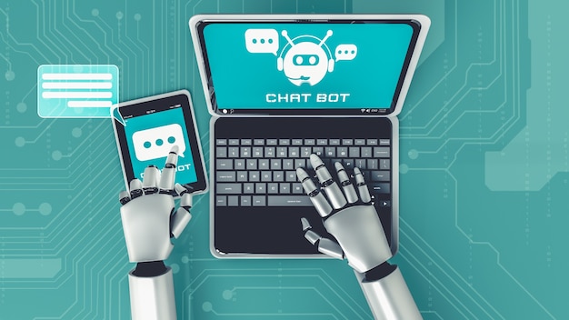 Robot AI que usa la computadora para charlar con el cliente. Concepto de bot de chat