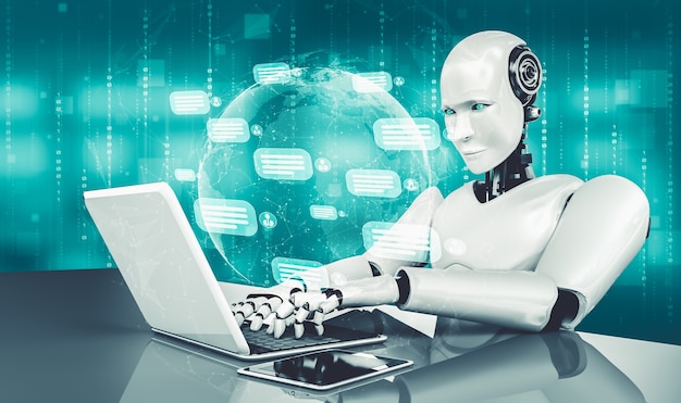 Robot AI que usa la computadora para charlar con el cliente. Concepto de chat bot