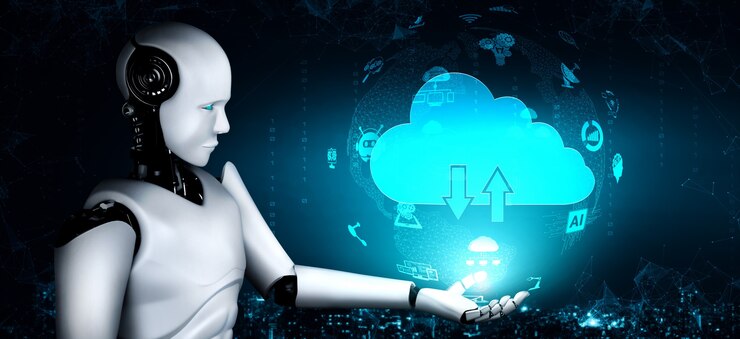 Foto robot ai que usa tecnología de computación en la nube para almacenar datos en un servidor en línea