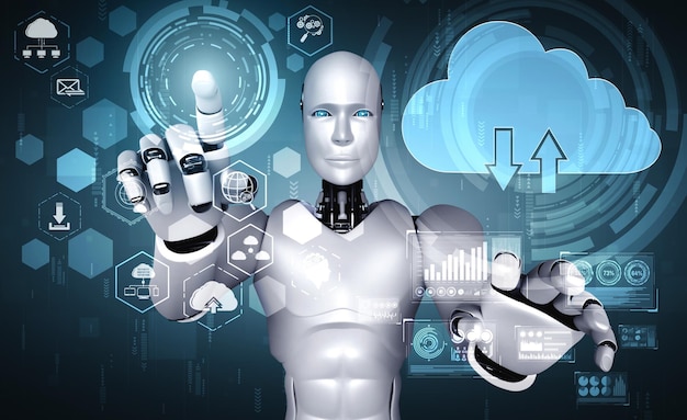 Robot AI que utiliza tecnología de computación en la nube para almacenar datos en un servidor en línea. Concepto futurista de almacenamiento de información en la nube analizado por proceso de aprendizaje automático. Ilustración de renderizado 3D.
