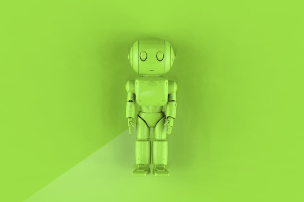 Robot de ai de un solo color verde lima de representación 3D sobre fondo verde lima