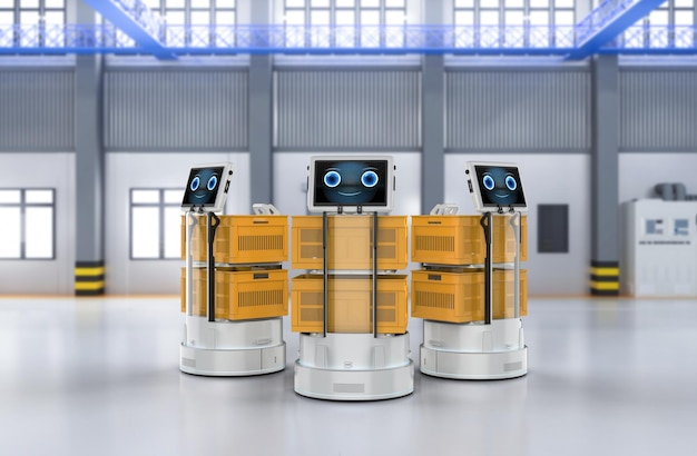 El robot de almacén o el asistente robótico llevan cestas