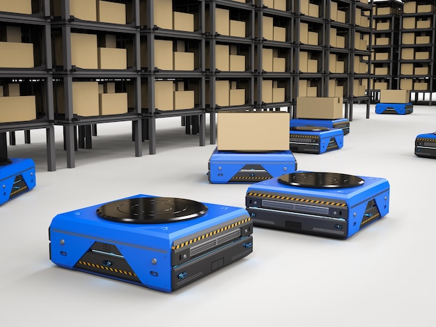 Robot de almacén de renderizado 3D trabajando en fábrica