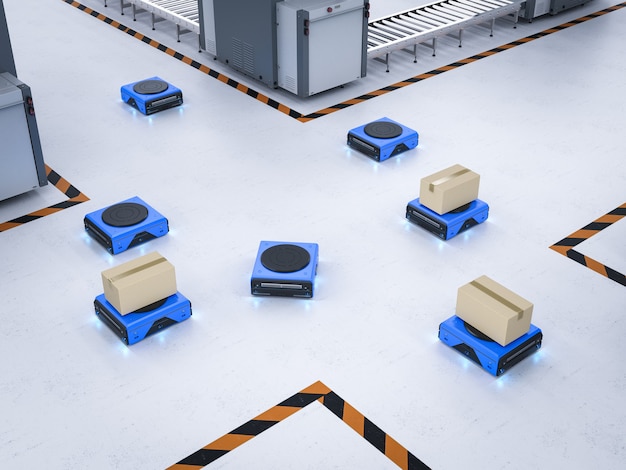 El robot del almacén de la representación 3d lleva la caja de cartón