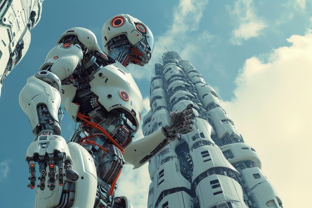 Un robot se alza junto a un edificio altísimo que muestra la fusión de tecnología y arquitectura Robots trabajando juntos para construir un rascacielos AI generado