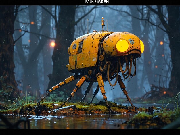 un robot amarillo en el bosque