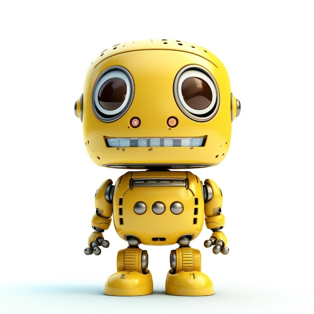 Un robot amarillo con ojos marrones se para frente a un fondo blanco.