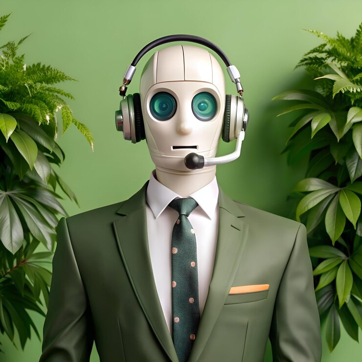 Foto un robot amigable con auriculares y traje listo para ayudar con las consultas de los clientes