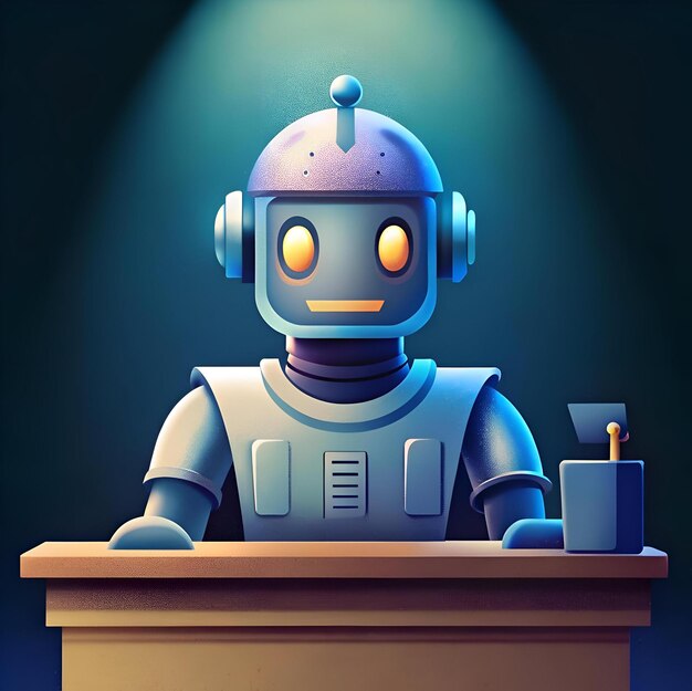 Un robot amigable con una cálida sonrisa está detrás de un mostrador del banco listo para ayudar a los clientes