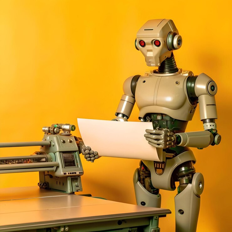 Foto un robot amigable sosteniendo una hoja en blanco de papel que muestra el potencial del arte y el diseño digital con automatización