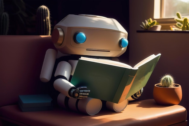 Robot Android lee un libro sentado en un banco en la biblioteca IA generativa