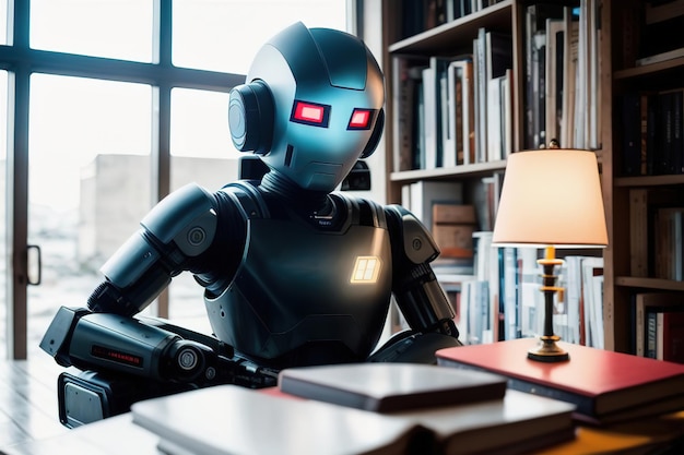 Robot Android lee un libro sentado en un banco IA generativa