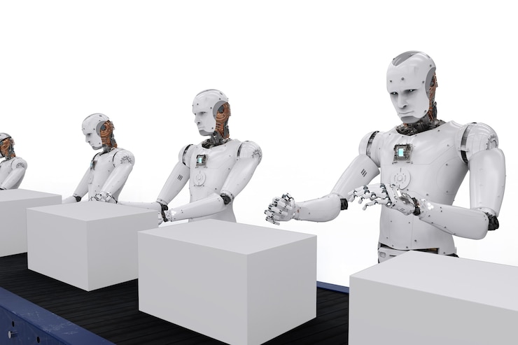 Foto robot android de renderizado 3d con cajas en la línea transportadora