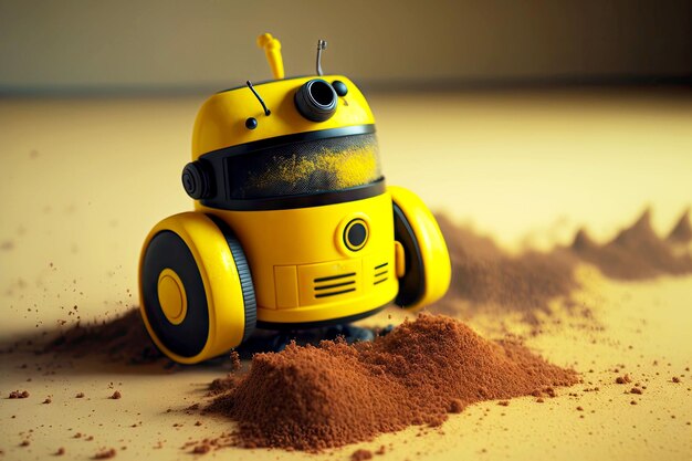 El robot androide amarillo aspira bailes androides en el piso polvoriento ai generativo