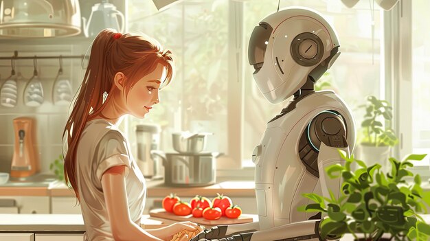 Un robot androide ayuda a una chica a cocinar el almuerzo
