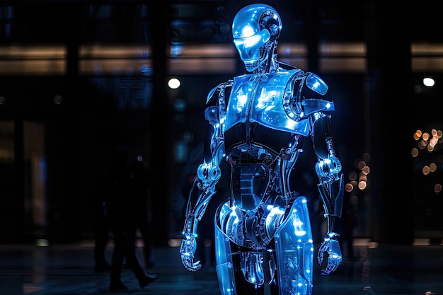 Robot androide azul brillante sobre un fondo oscuro